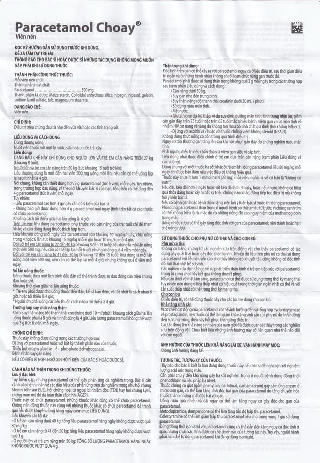 Paracetamol Choay 500mg Sanofi giúp giảm đau từ nhẹ đến vừa, hạ sốt
