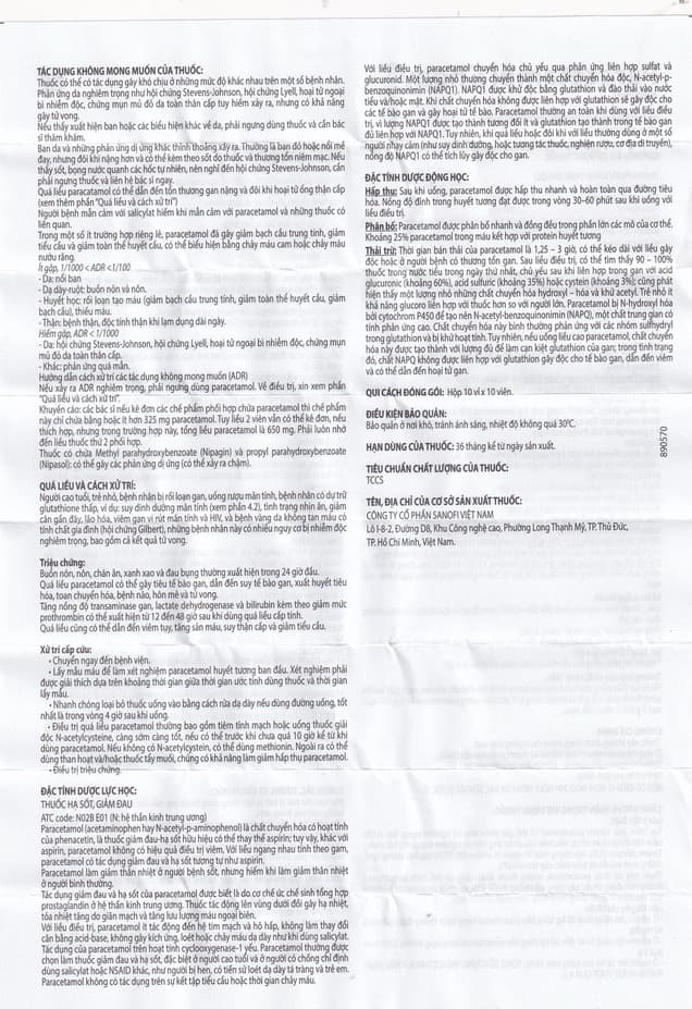 Paracetamol Choay 500mg Sanofi giúp giảm đau từ nhẹ đến vừa, hạ sốt